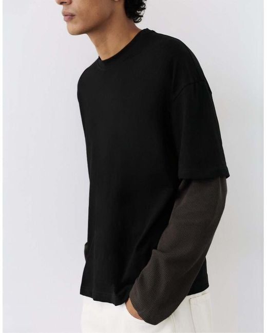 Pull&Bear Black Double Long Sleeve T-Shirt for men