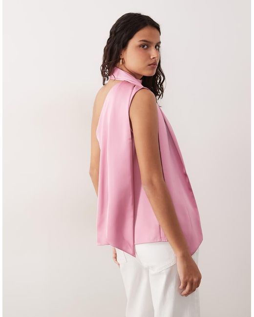 Y.A.S Pink Satin One Shoulder Top With Scarf Detail