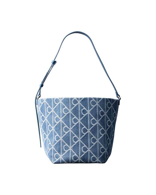 Calvin Klein Blue Denim Allover Emblem Logo Bucket Bag