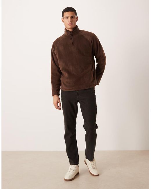 ASOS Brown Relaxed Funnel Neck Quarter Zip Fleece Sweatshirt for men