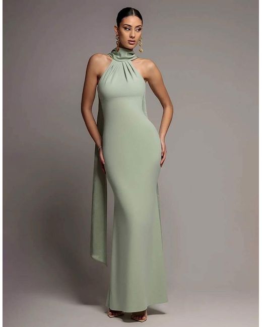 Goddiva Green Sculpting Stretch Jersey & Velvet Satin Cape Sleeve Halterneck Maxi Dress