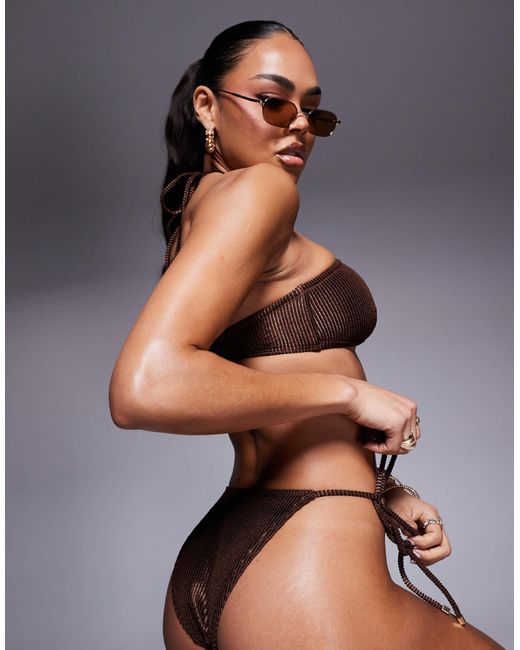 South Beach Brown Shiny Crinkle Tie Side Bikini Bottom