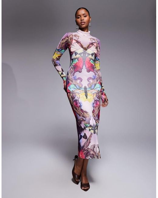 AFRM Purple Shailene Long Sleeve Turtleneck Mesh Midi Dress