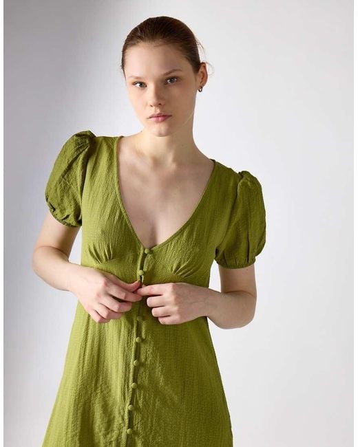 Glamorous Green Button Front Deep V-Neck Midi Dress