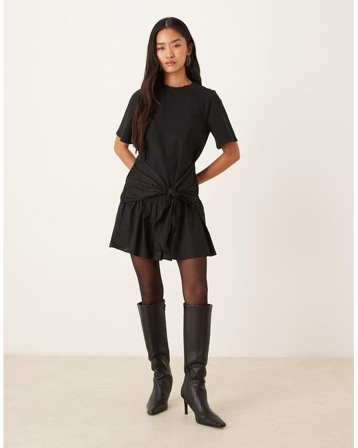 ASOS Black Tie Front T-shirt Mini Dress With Poplin Skirt