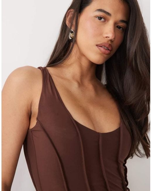 ASOS Brown Slinky Scoop Neck Maxi Dress With Exposed Seams