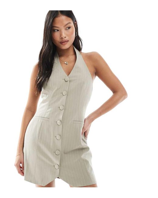 Vestito Corto Allacciato Al Collo Sartoriale Gessato di Miss Selfridge in White
