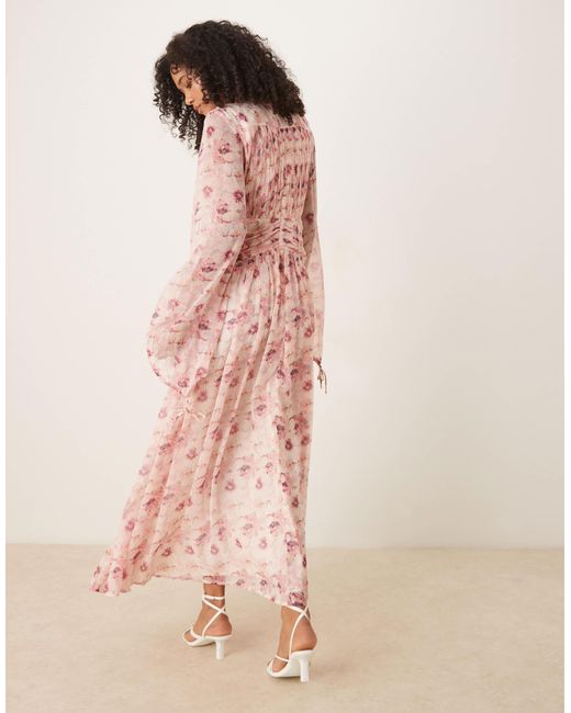ASOS Pink – hochgeschlossenes, gerafftes maxikleid mit hübschem blumenmuster und winkelstreifen-detail