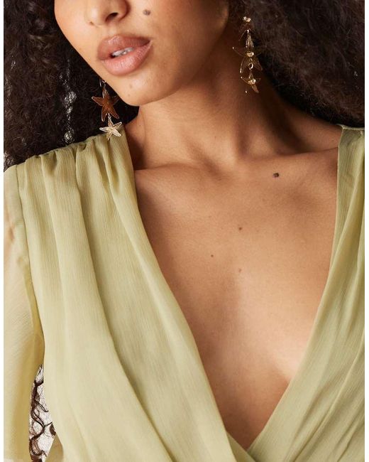 ASOS Natural Angel Sleeve Wrap Front Midi Dress With Seaming Details