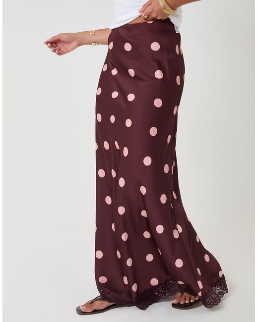 Threadbare Red Petite Polka Dot Satin Lace Trim Maxi Skirt