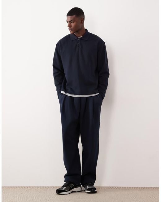 ASOS Blue Relaxed Button Up Polo Sweatshirt With Ribbed Collar for men