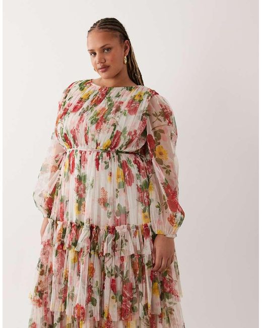 Lace & Beads Plus Natural Tulle Sheer Balloon Sleeve Tiered Midaxi Dress