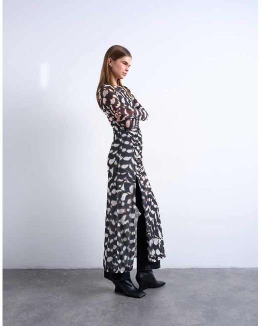 TOPSHOP White Mesh Maxi Animal Print Long Sleeve Dress
