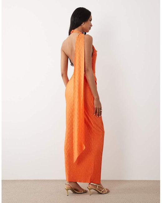 ASOS Orange Zig Zag Plisse Scarf Neck Maxi Dress