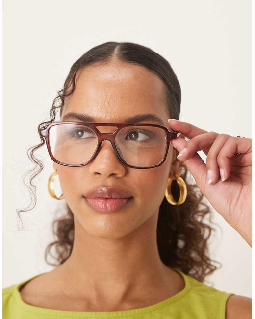 ASOS Brown Aviator Glasses With Clear Lens