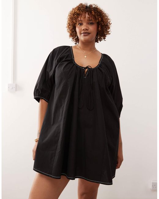 Collusion Natural Plus Swing Puff Sleeve Mini Smock Dress