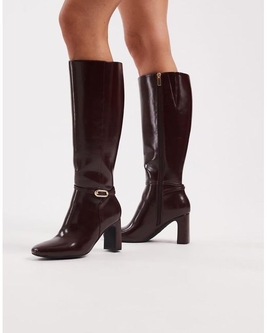 New Look Red Faux Leather Block Knee High Heeled Boots