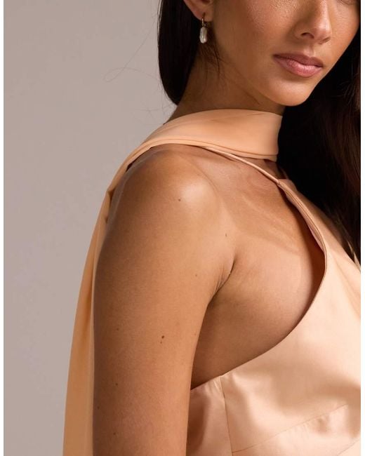 ASOS Natural Bridesmaids Halter Neck Satin Maxi Dress With Scarf Detail