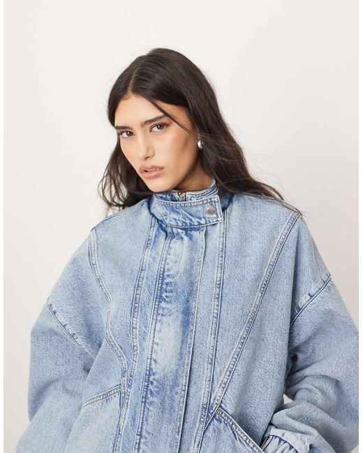 ARRANGE Blue Denim Bomber Jacket With Seam Detail