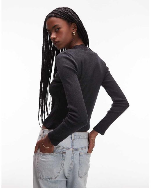 ASOS Black Sweetheart Lace Trim Rib Long Sleeve Top