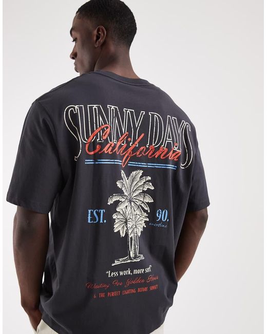 Jack & Jones Gray Oversized T-shirt With Palm Tree Backprint for men