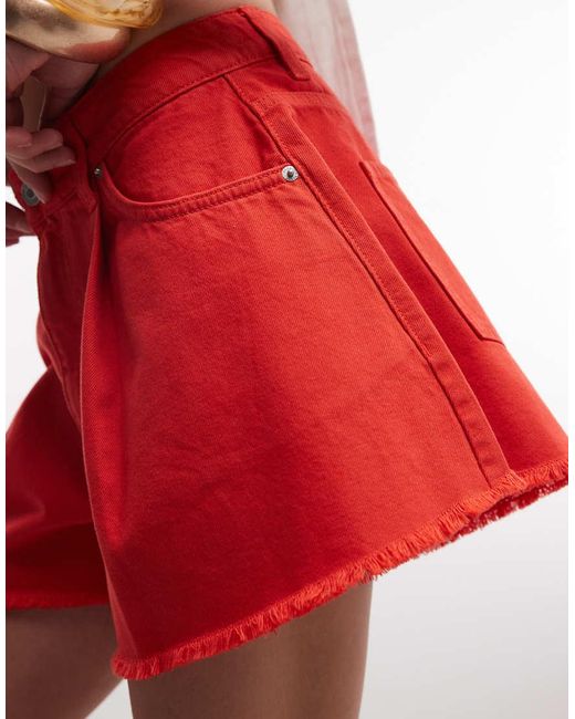 ASOS Red Denim Frayed Hem Short