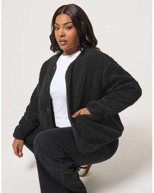 Yours Clothing Black Collarless Fleece Jacket