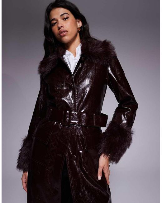 River Island Red Faux Fur Trim Faux Leather Trench