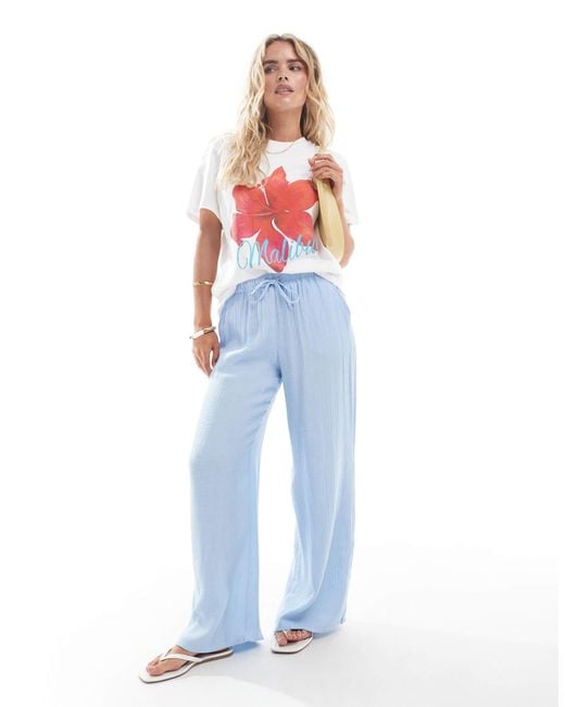 Stradivarius Blue Petite Linen Look Pull On Crinkle Trouser