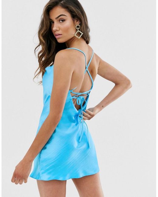 ASOS Cami Mini Slip Dress In High Shine Satin With Lace Up Back in Blue