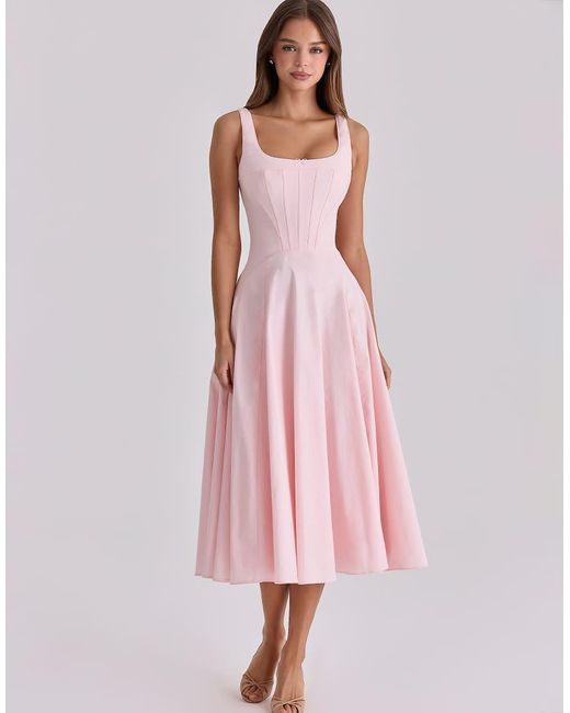 House Of Cb Pink Jaime Cotton Lace Up Midi Sundress