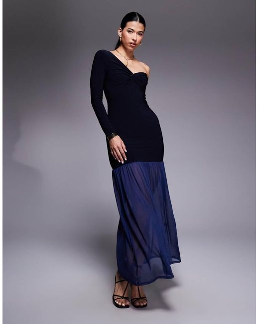 ASOS Purple Knot Neck Detail Off Shoulder Maxi Dress With Sheer Skirt