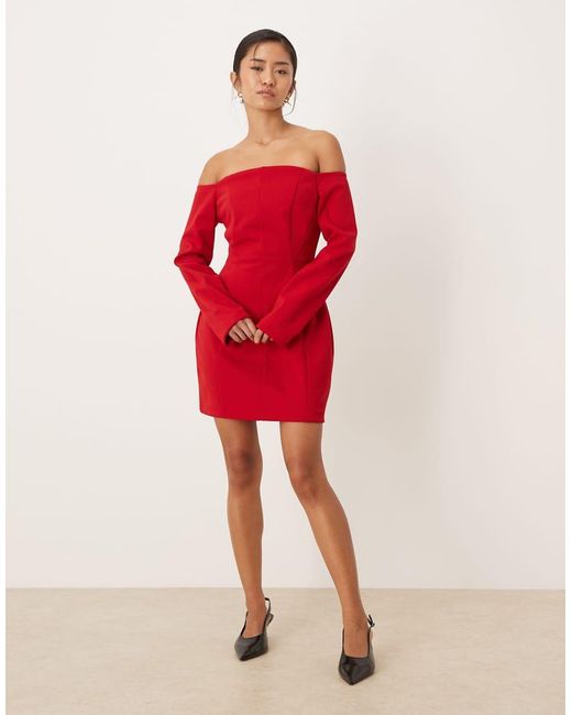 ASOS Red Seam Bardot Waited Mini Dress