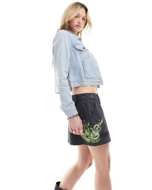 Ed Hardy Blue Micro Twill Cargo Skirt With Green Dragon Embroidery