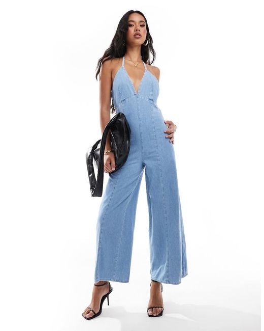 River Island Blue Halter Denim Jumpsuit