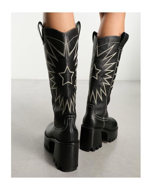 Cosmic - bottes hauteur genou en cuir style western à semelle crantée ASOS en coloris Black