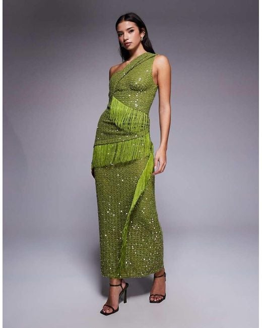 ASOS Sequin Knit Twist One Shoulder Midi Dress With Drape Fringe Panels in Green | Lyst UK ASOS Sequin Knit Twist One Shoulder Midi Dress With Drape Fringe Panels in Green | Lyst UK