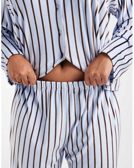 Loungeable Blue Curve Cozy Velour Camp Collar Button Up Shirt And Pants Pajama Set