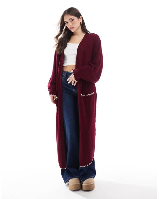 Miss Selfridge Red Pink And Burgundy Contrast Blanket Stitch Maxi Cardigan