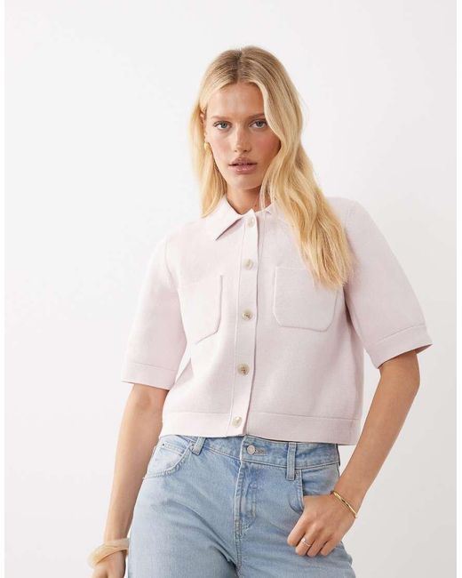 ARKET White Knitted Cotton Short Sleeve Cardigan With Utility Pockets