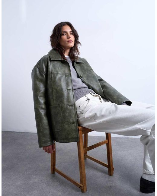 TOPSHOP Gray Faux Leather Collar Button Up Padded Shacket