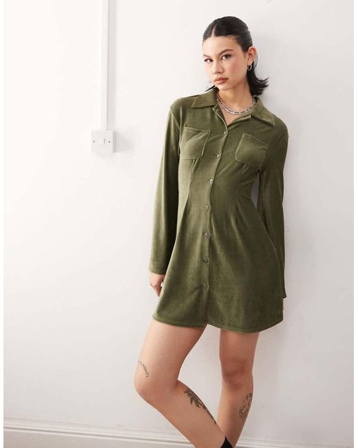 Reclaimed (vintage) Green Cord Mini Shirt Dress
