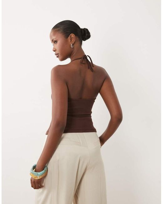 ASOS Brown Compact Cotton Strappy Halter Neck Top With Bead Detail