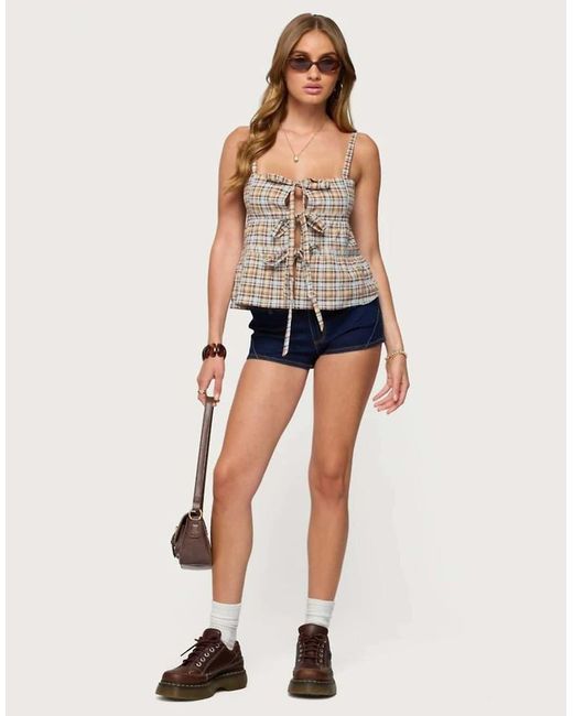 Edikted Blue Mirena Tie Front Plaid Tank Top