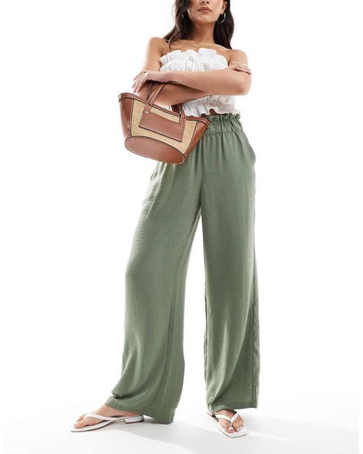 Jdy Green Paperbag Waist Wide Leg Linen Trousers
