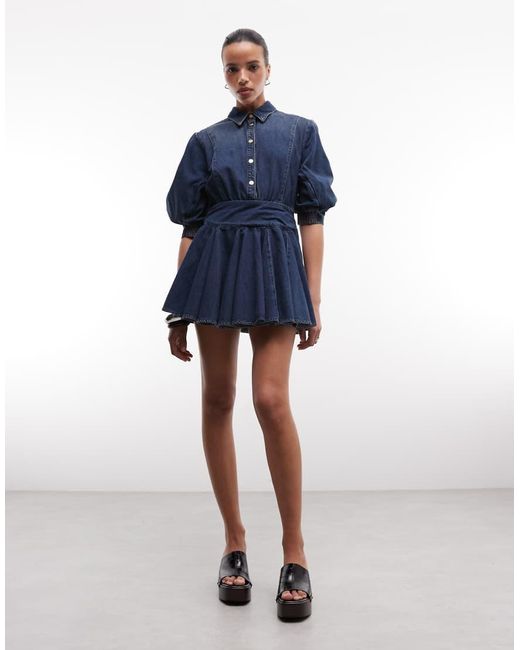 AllSaints Blue Arlo Balloon Sleeve Button Down Denim Mini Dress