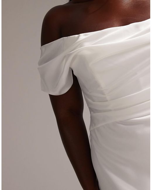 ASOS White Asos Design Curve Bardot Draped Satin Maxi Wedding Dress