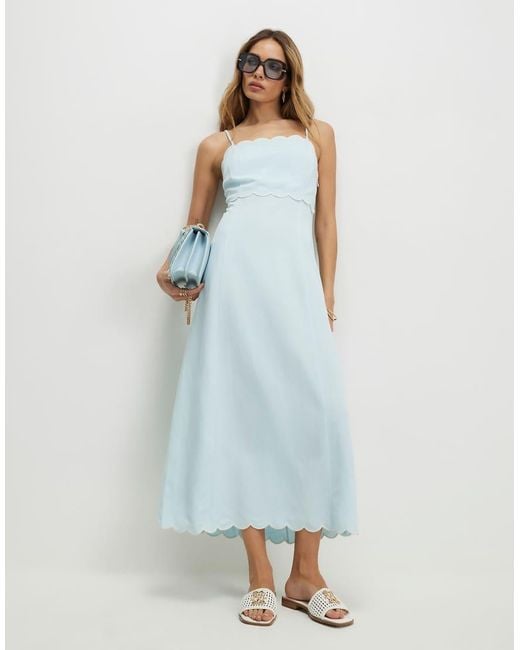 River Island Blue Linen Blend Scallop Trim Midi Dress