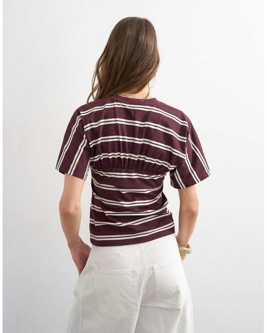 TOPSHOP Red Gather Yoke Seam Short Sleeve Top Burgundy Stripe