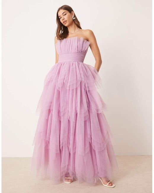 LACE & BEADS Pink Bandeau Layered Maxi Dress